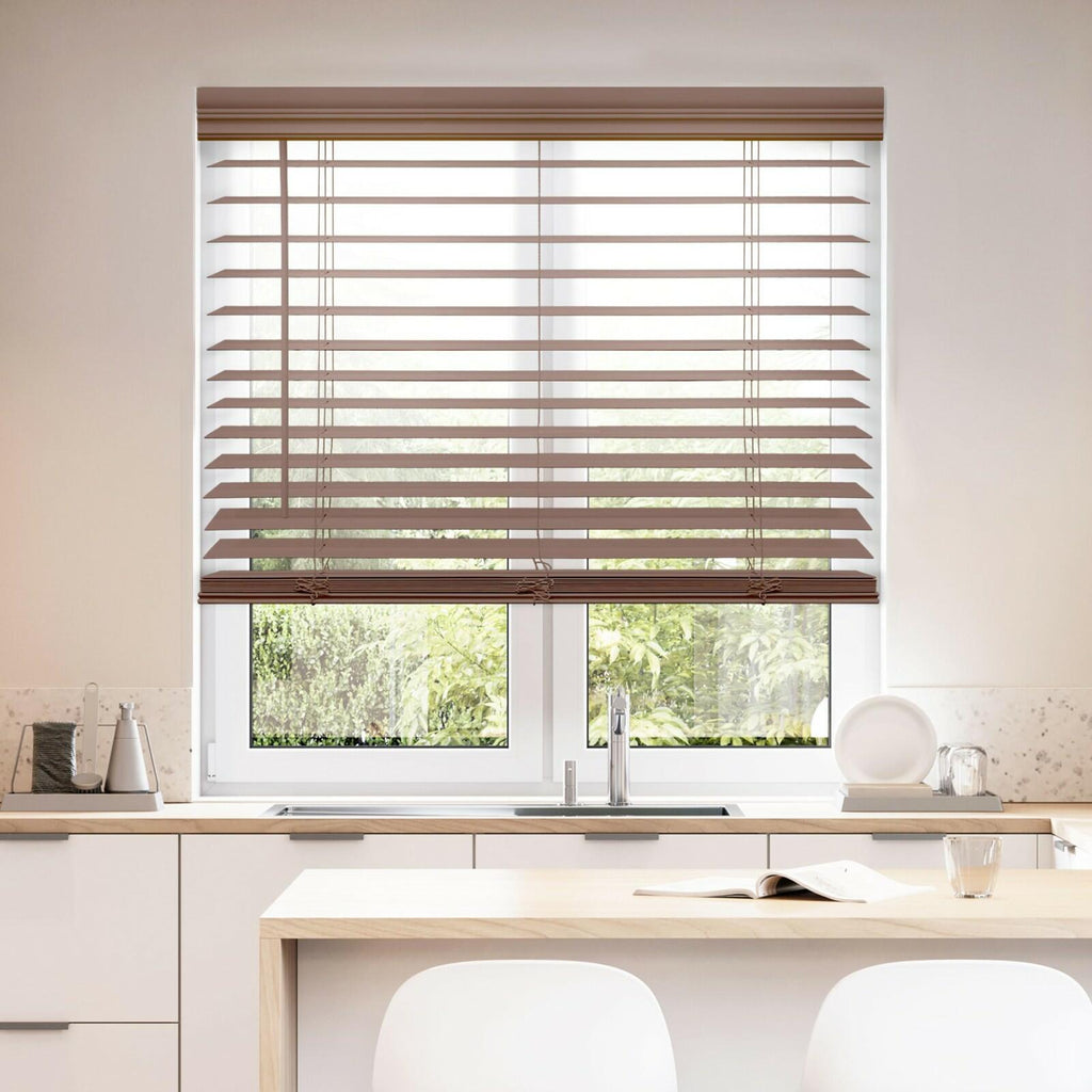 DEZ FURNISHINGS 29.25" W x 48" H Cordless 2" Faux Wood Blind Dark Oak