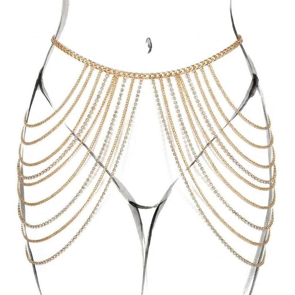 Brishow Gold Body Chain Jewelry Rhinestone Layered Waist Chain Rave Accessories