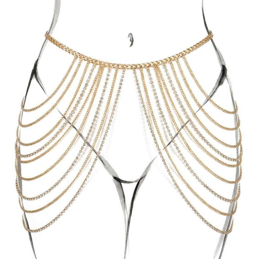 Brishow Gold Body Chain Jewelry Rhinestone Layered Waist Chain Rave Accessories