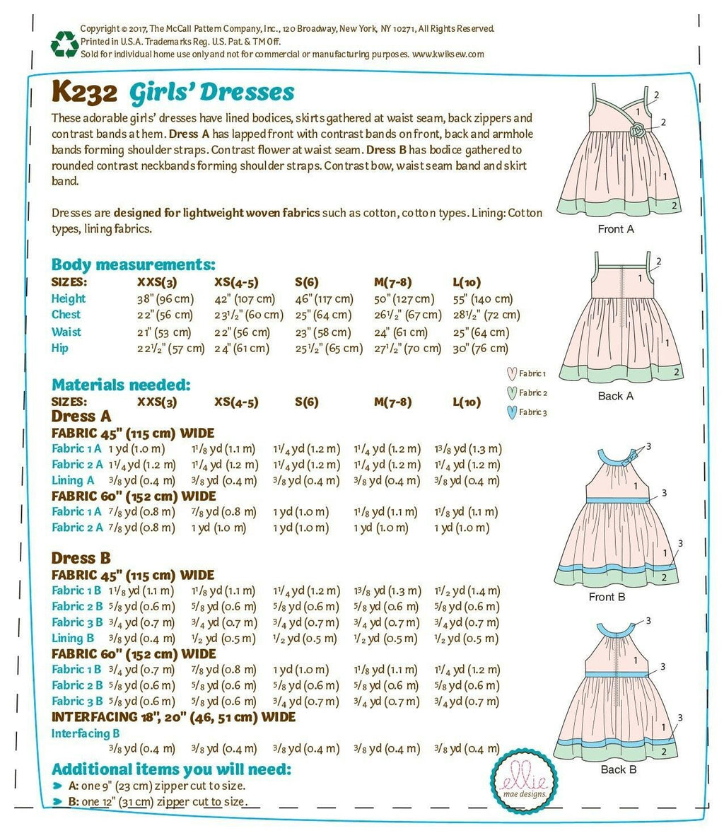 McCall Pattern Company Kwik K0232 Sewing Pattern, Size XXS-XS-S-M-L Girls' Lined