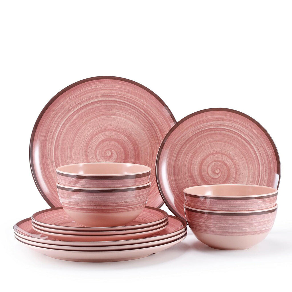 12Pcs Melamine Dinnerware Set, Plates And Bowls Sets for 4, Pink Color