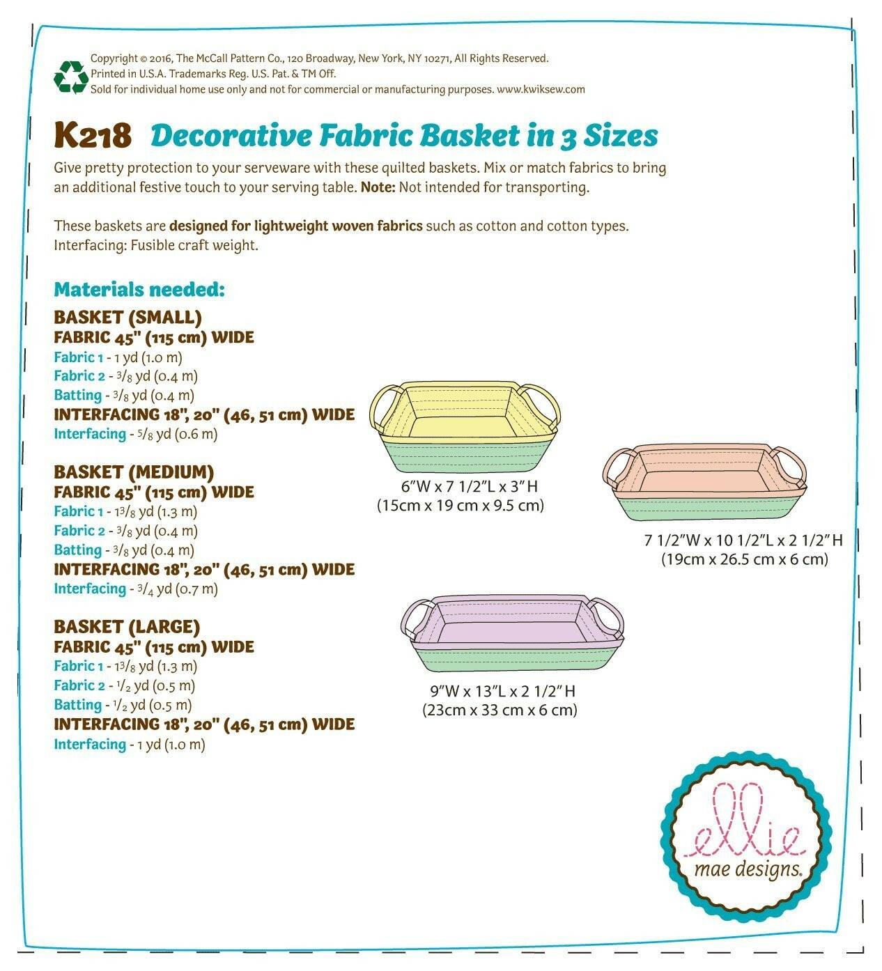 KWIK-SEW PATTERNS K0218 Decorative Fabric Baskets, One Size