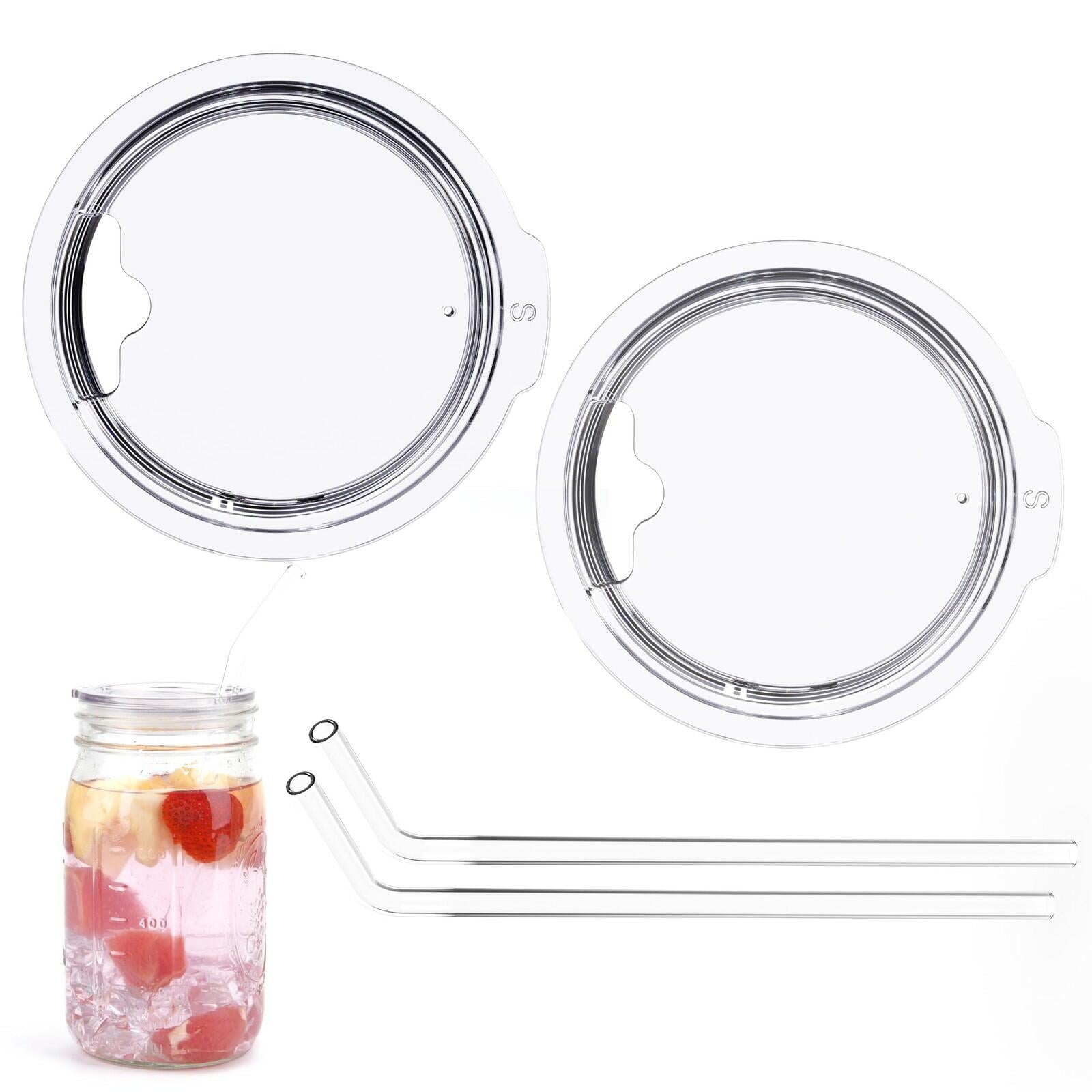 2 PACK Reusable Wide Mouth Mason Jar Lids with Glass Straw Hole -Fit 2.9-inch