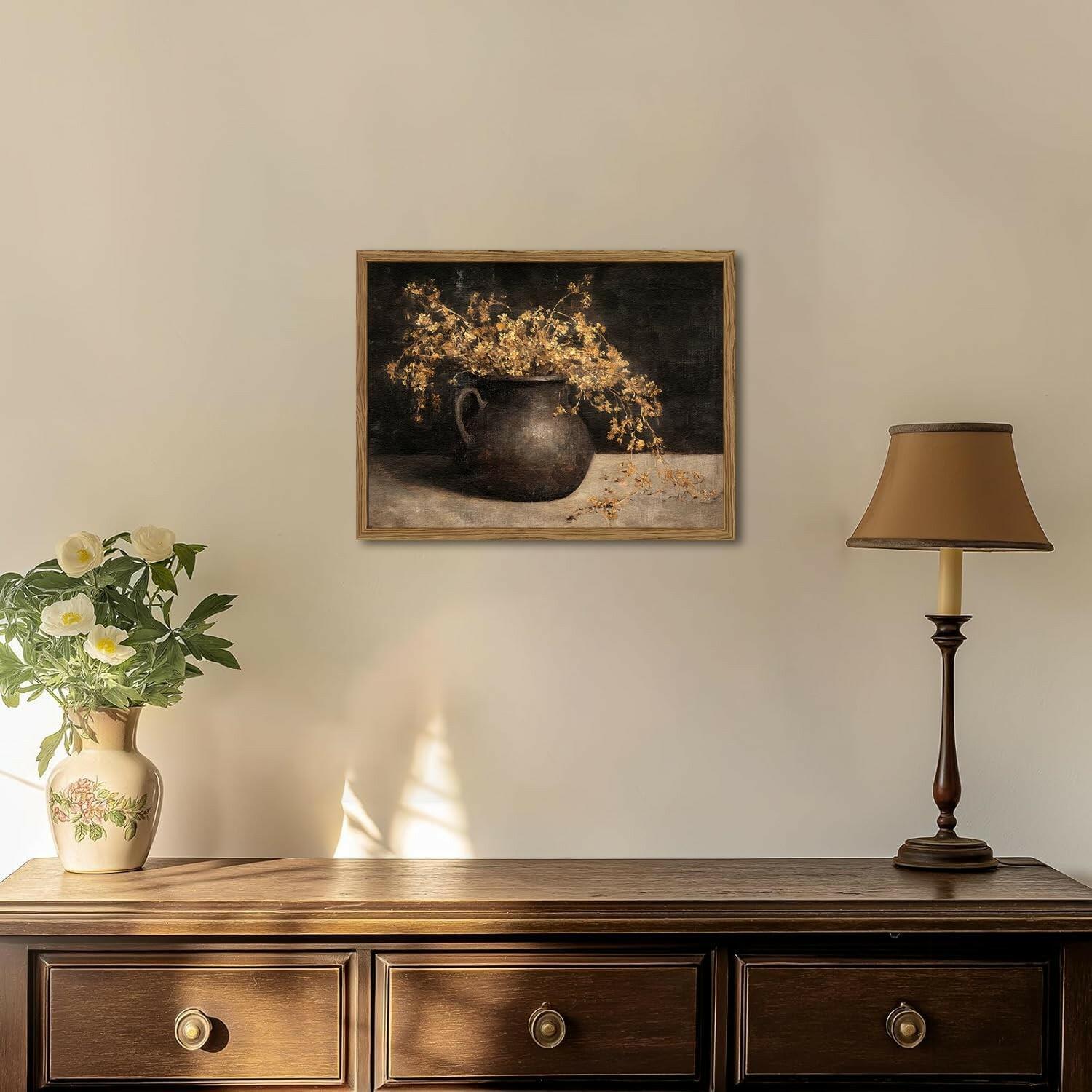 Framed Vintage Floral Wall Art, 12x16 inch 3D Textured Sandstone Dark Still Life