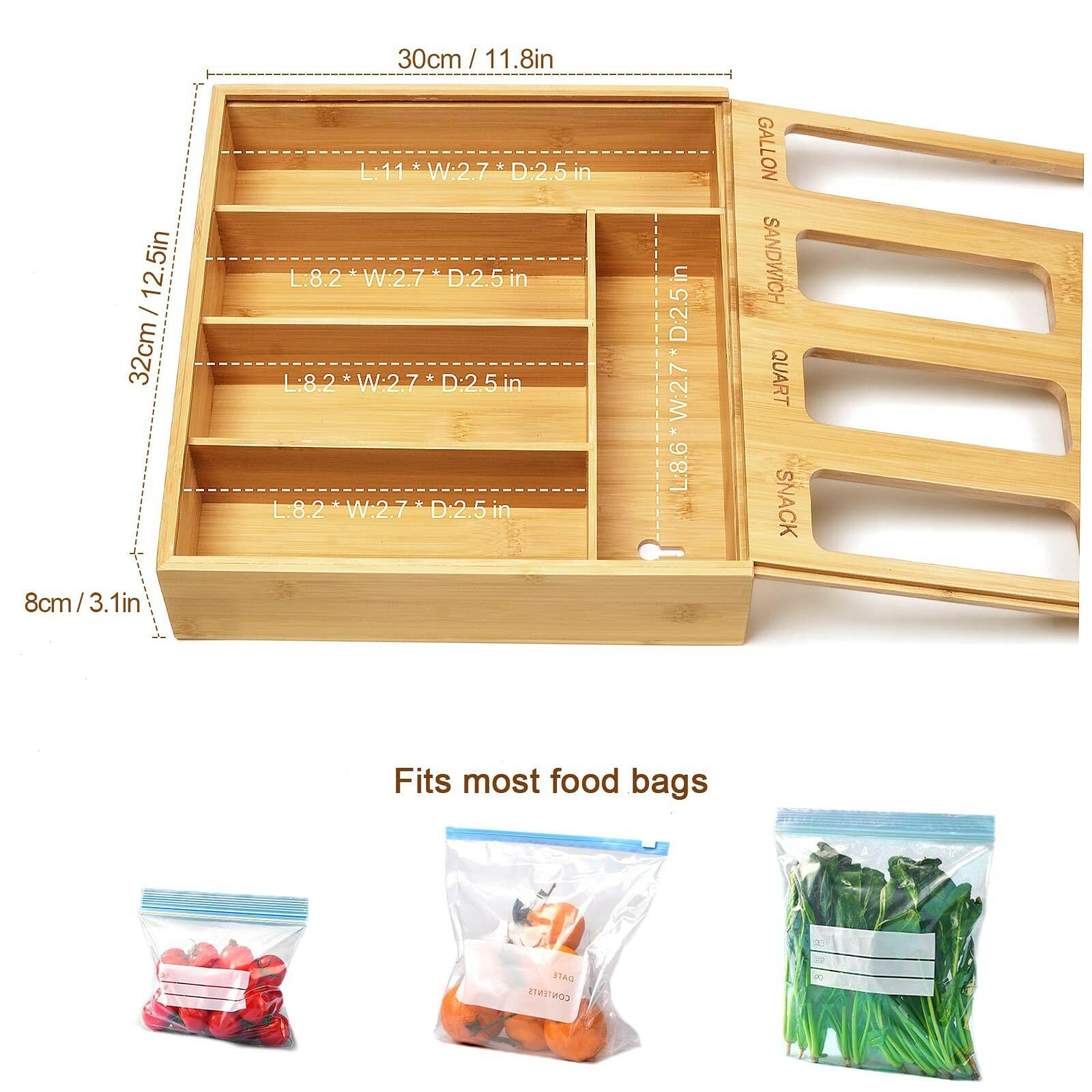 DUJEN Plastic Bag Organizer for Drawer, Bamboo Food Storage Bags Container