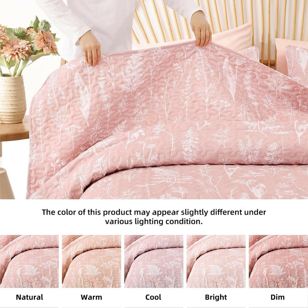 JANZAA Quilts Queen Size Pink Quilt Botanical with Floral Pattern Microfiber