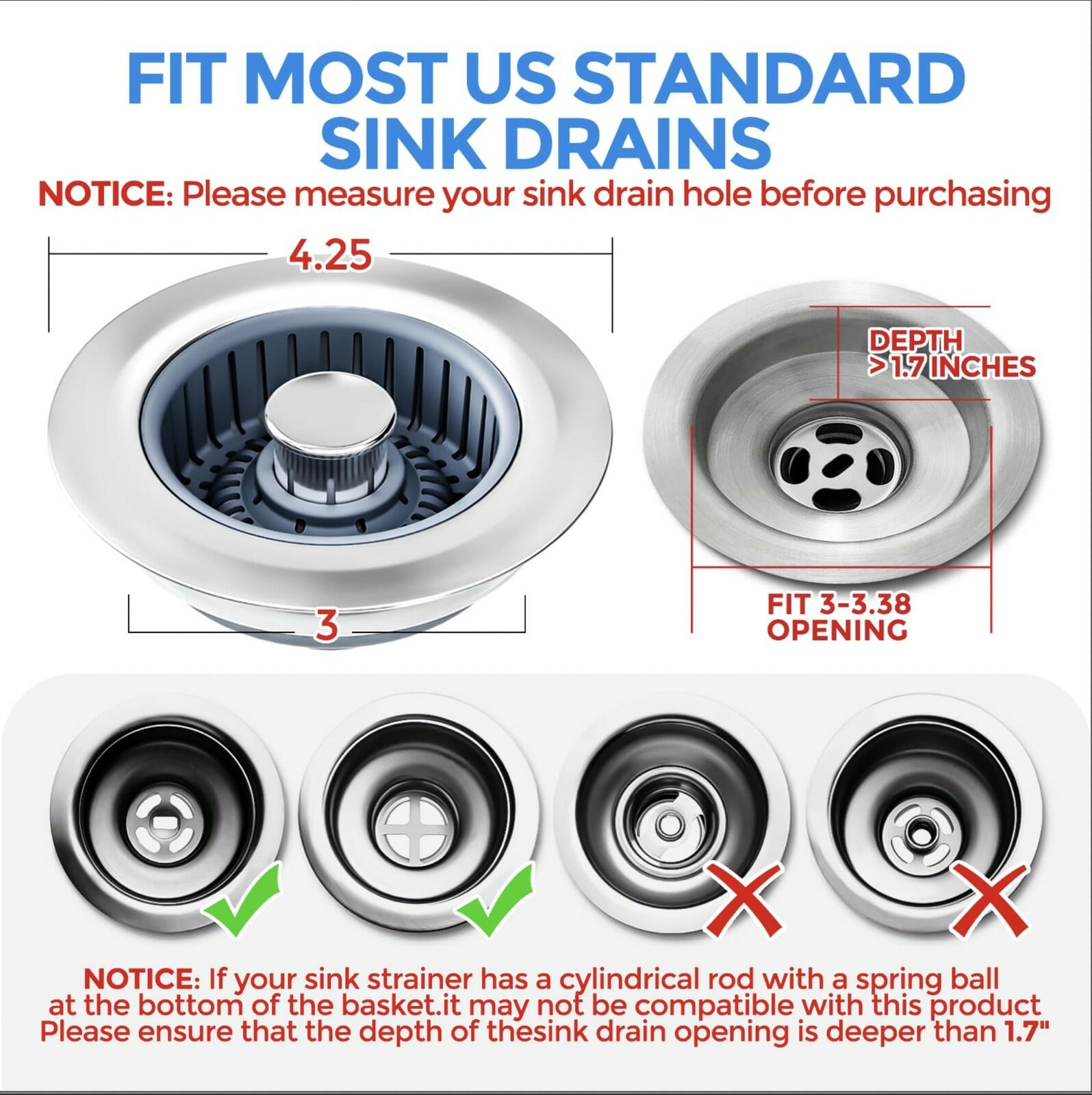 Sink Drain Strainer - Sink Stopper Kitchen Drain, 3 in 1 Kitchen Sink Drain