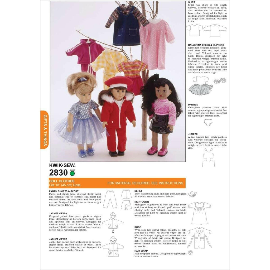 Kwik Sew K2830 Doll Clothing Fits 18-Inch Dolls Sewing Pattern, Size Fits