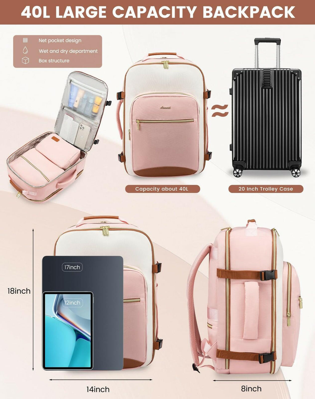LOVEVOOK Large Travel Backpack for Women & Men, 40L Carry on Backpack for