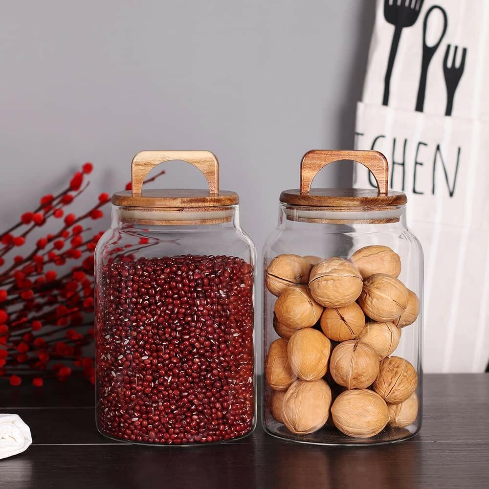 SAIOOL Canister Set of 2, Glass Kitchen Canisters with Airtight Acacia Lid, Tall