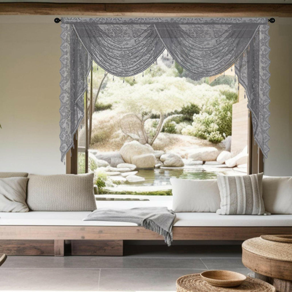 Huierxun Grey,59"x41" Elegant Lace Waterfall Window Valance with Bead Tassels
