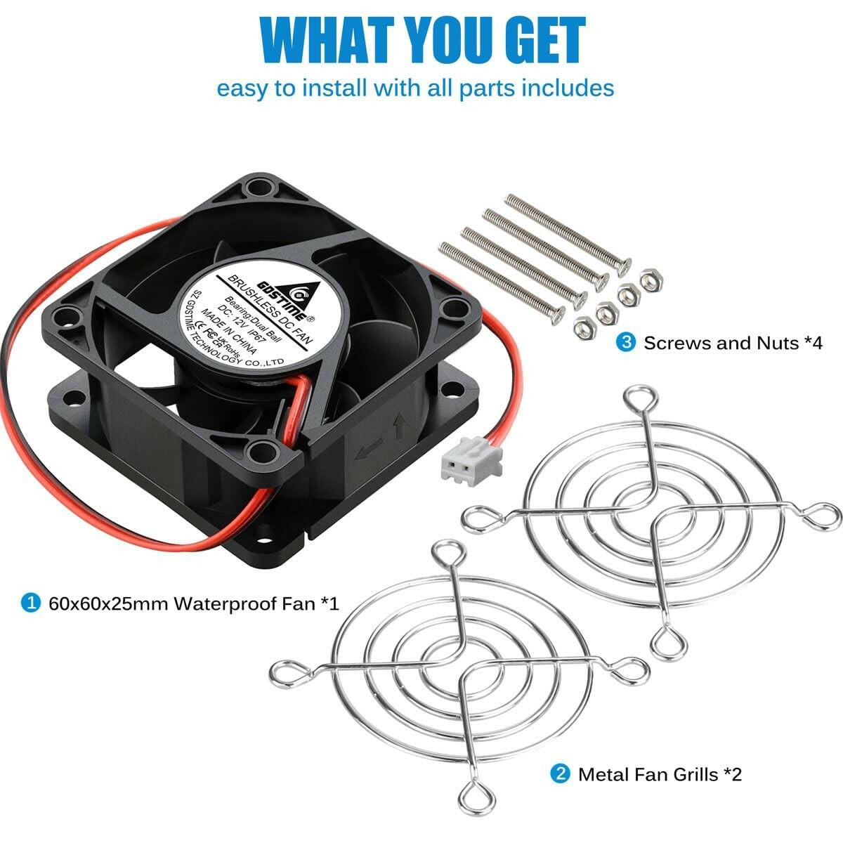 GDSTIME 60mm x 25mm 12V DC Waterproof IP67 Fan High Speed Dual Ball Bearing