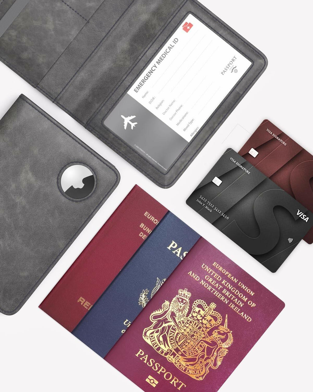 Stouchi AirTag Passport Wallet, Grey, Unisex, Faux Leather, RFID Blocking,