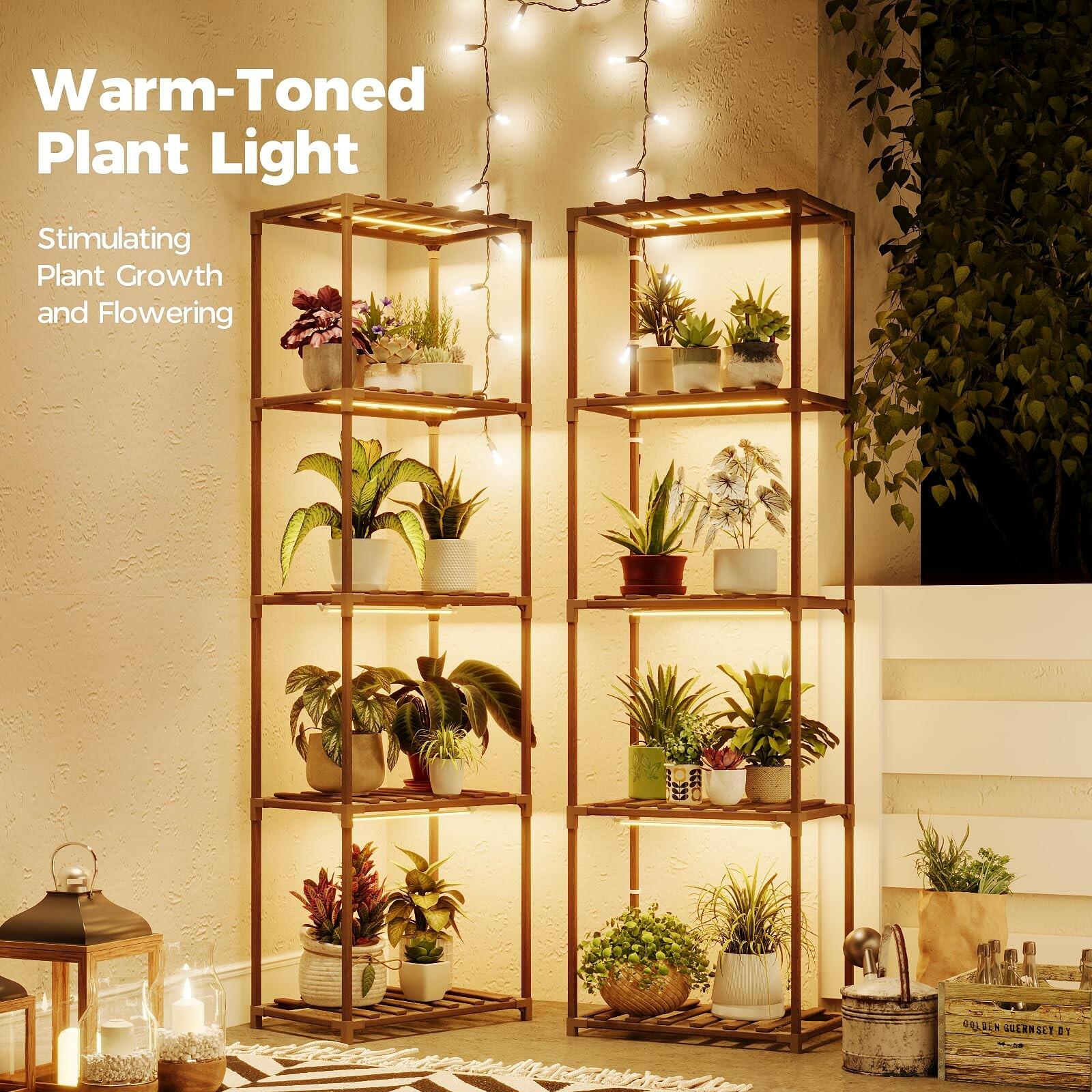 2 PCS Bamworld Plant Stands with Grow Lights Tall Plant Shelves for Mutiple Pots