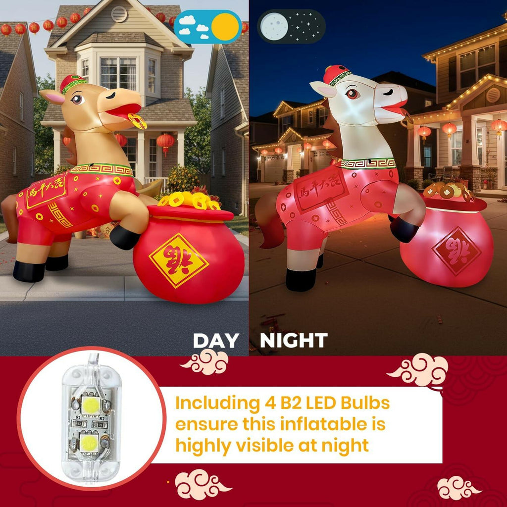 6FT Inflatable Chinese Horse with Red Outfit and Gold Coins, 2026 Year of The