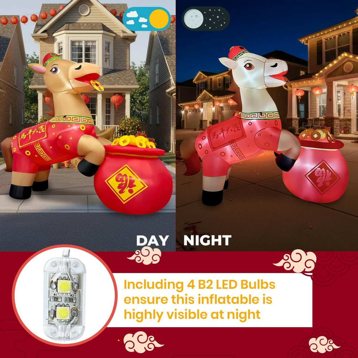 6FT Inflatable Chinese Horse with Red Outfit and Gold Coins, 2026 Year of The