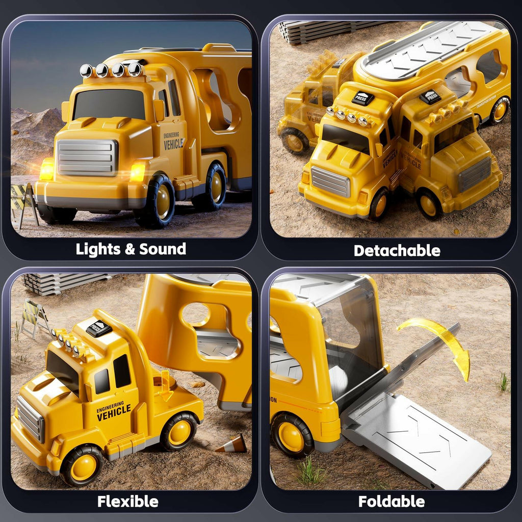 KIZONLY Construction Trucks Toys for 2 3 4 5 Years Old Boys - 5-in-1 Carrier