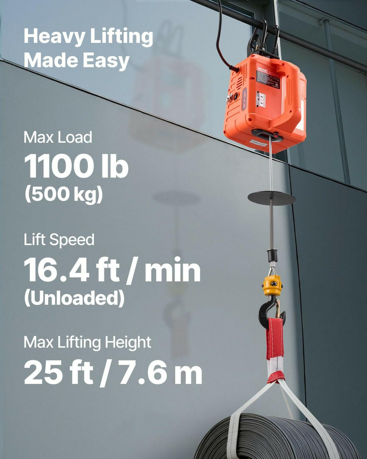 VEVOR 3-in-1 Electric Hoist Winch 1100lbs 1500W Wireless Remote