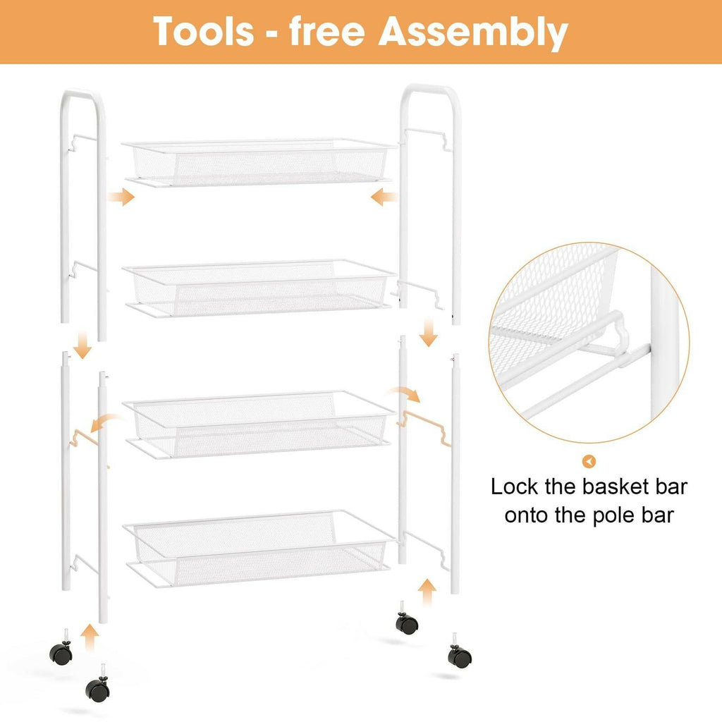 TOOLF 4-Tier Rolling Cart, Metal Utility Cart with 3 Hooks, Easy Assemble Mobile