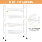 TOOLF 4-Tier Rolling Cart, Metal Utility Cart with 3 Hooks, Easy Assemble Mobile