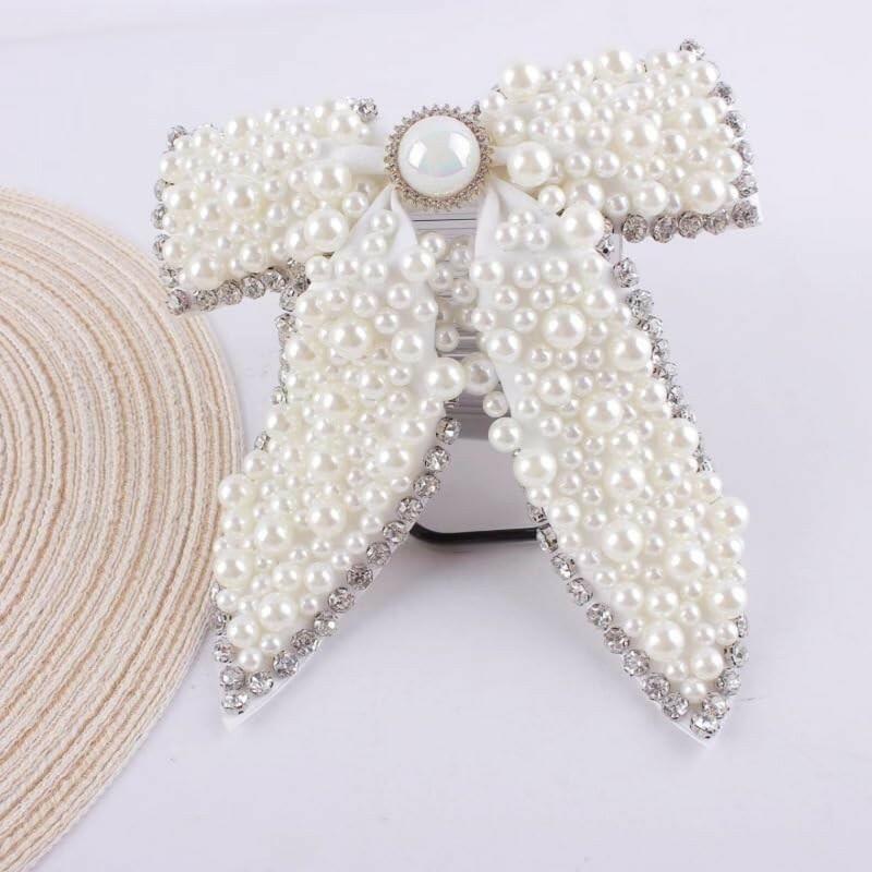 Large Pearl Rhinestone Hair Bow Clips- Full Sparkling Pearls with Crystal Stone