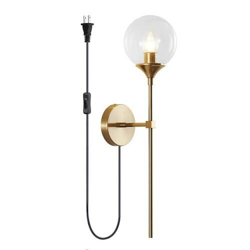BOKT Gold Globe Wall Sconce Plug In Brass Glass Mid Century Light Clear