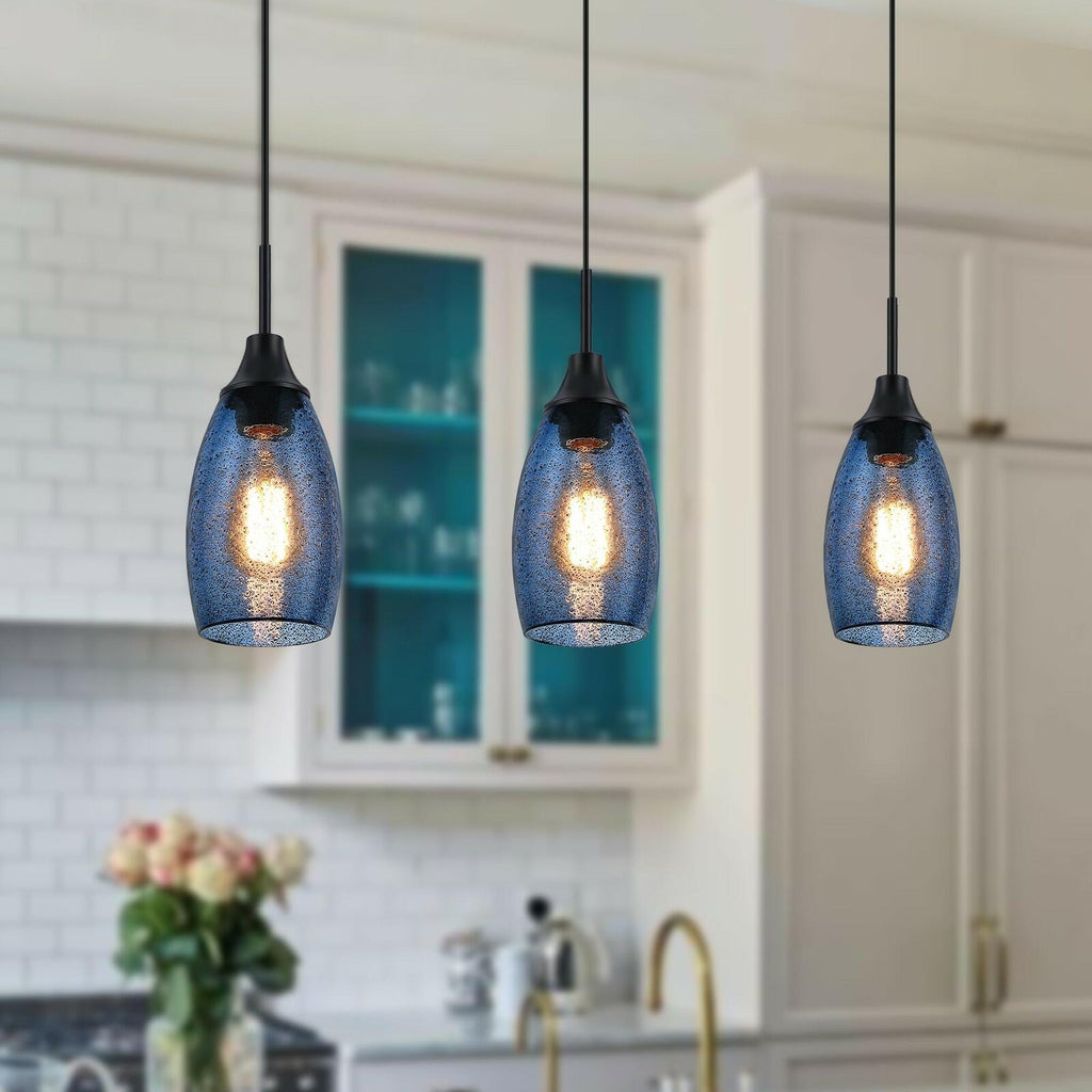 1 PACK Viinew Mini Glass Pendant Light Handblown Clear Dark Blue Seeded Glass