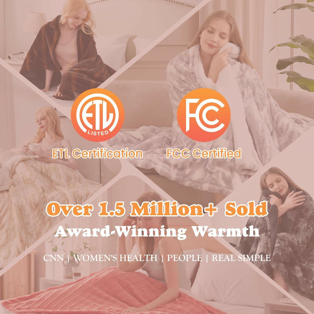 SNUGSUN Heated Throw Blanket Faux Fur & Sherpa, Safe Electric Blanket ETL & FCC