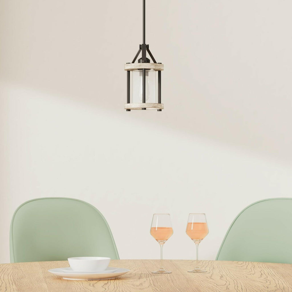 Ejerlya Farmhouse Pendant Light, Rustic White Wood and Metal Cage Hanging Light