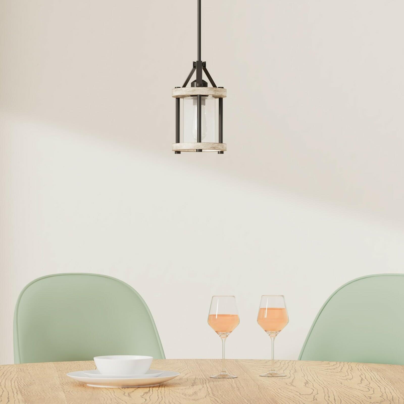 Ejerlya Farmhouse Pendant Light, Rustic White Wood and Metal Cage Hanging Light