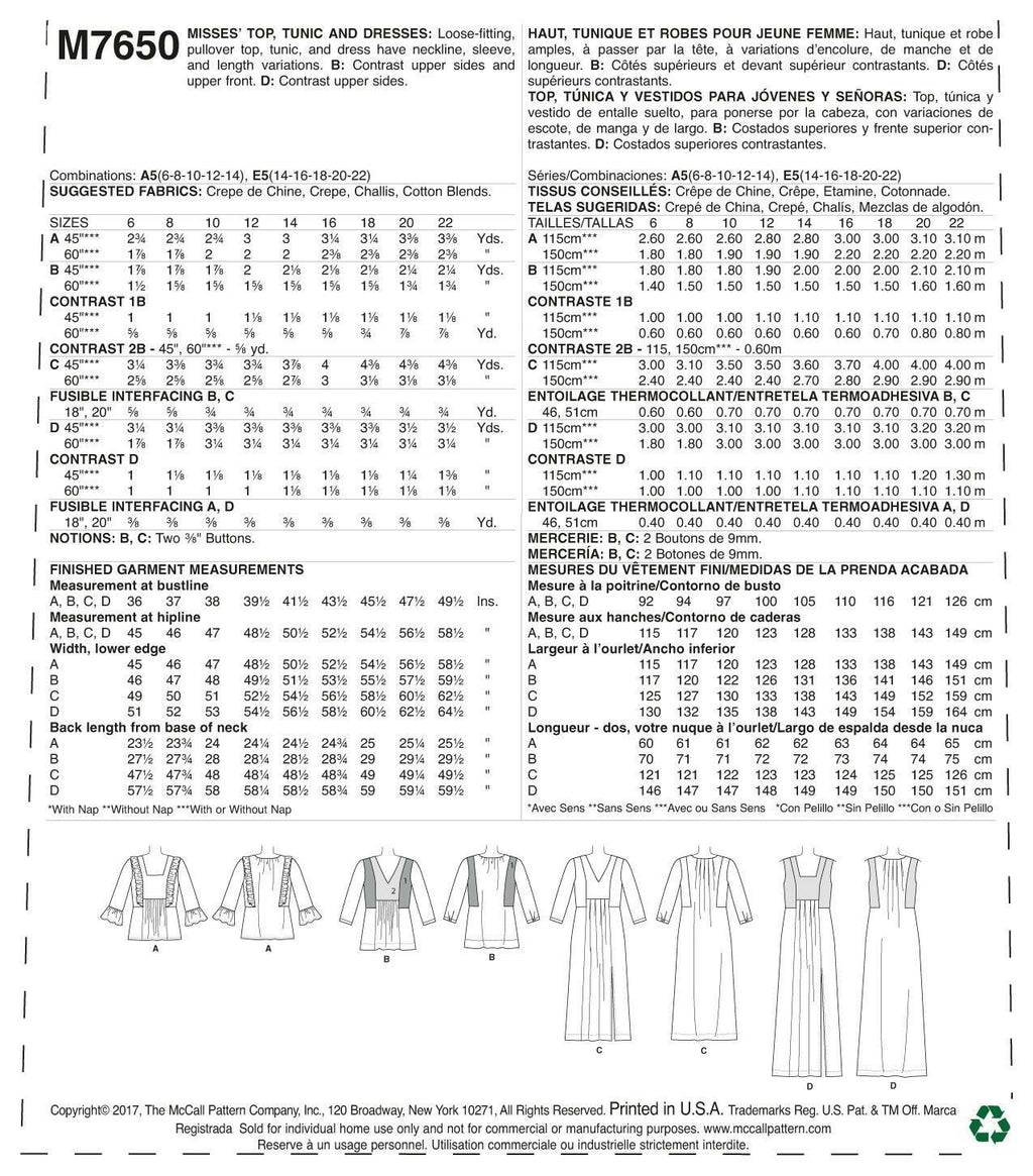 McCall Patterns Misses V Square-Neck Top/Tunic and Dresses