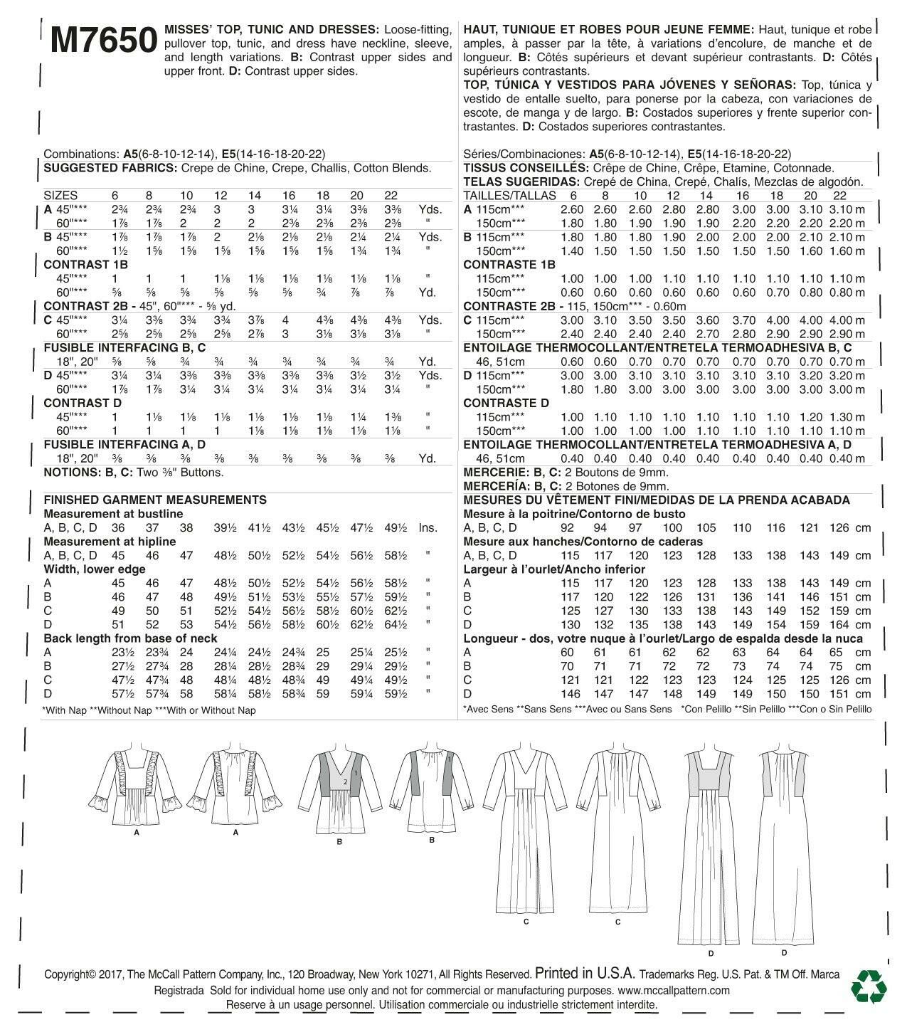 McCall Patterns Misses V Square-Neck Top/Tunic and Dresses