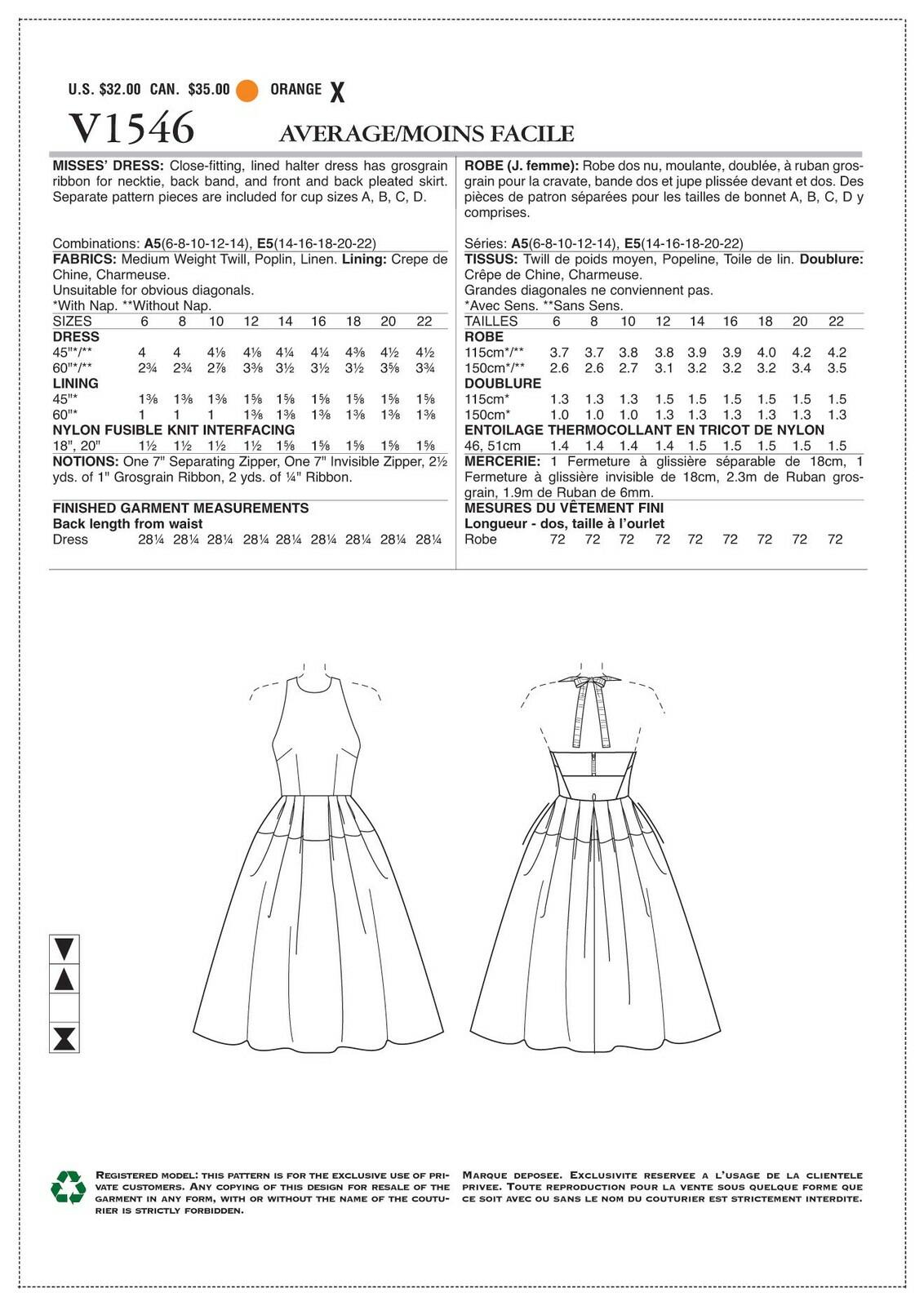 Vogue Patterns V1546 Misses' Lined Pleated Halter Dress with Neck Tie Sewing