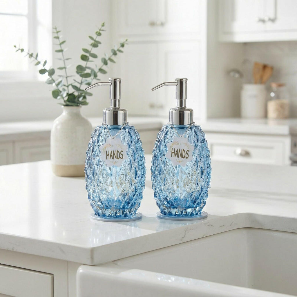 MALACHI Soap Dispenser Set, Crystal-Textured Diamond Glass with Rustproof