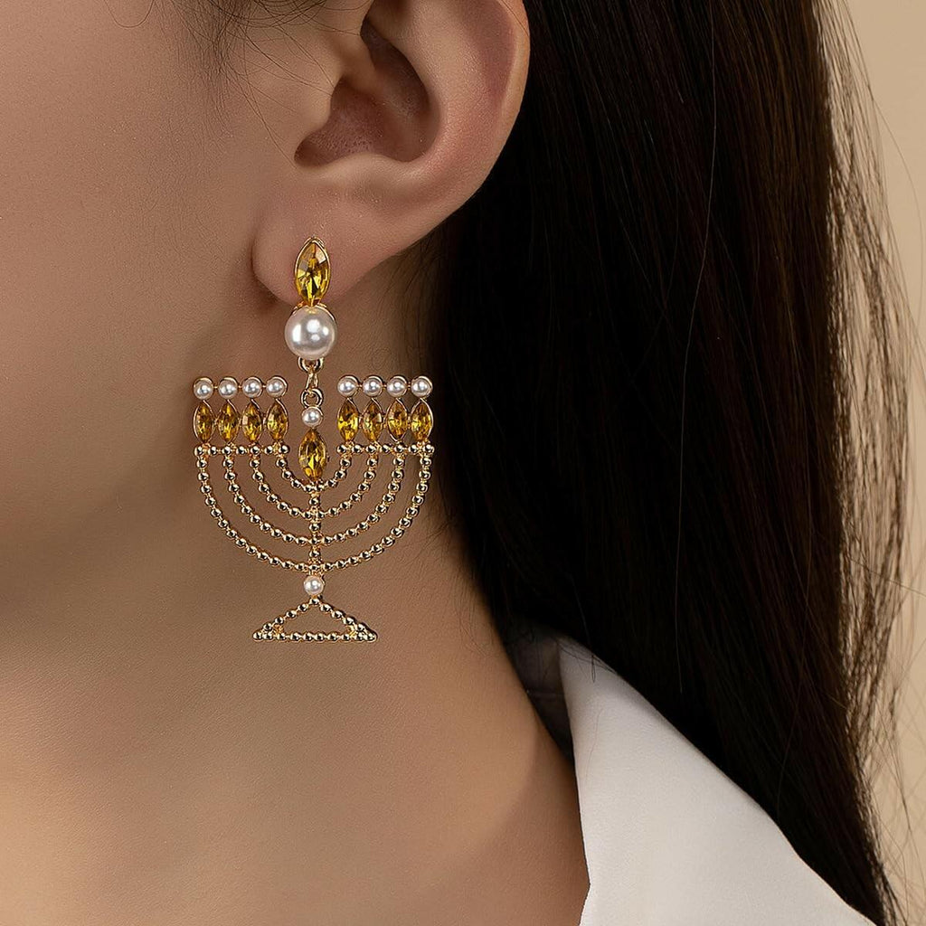 Hanukkah Earrings for Women Pearl Menorah Earrings Stud Jewish Holiday Jewelry