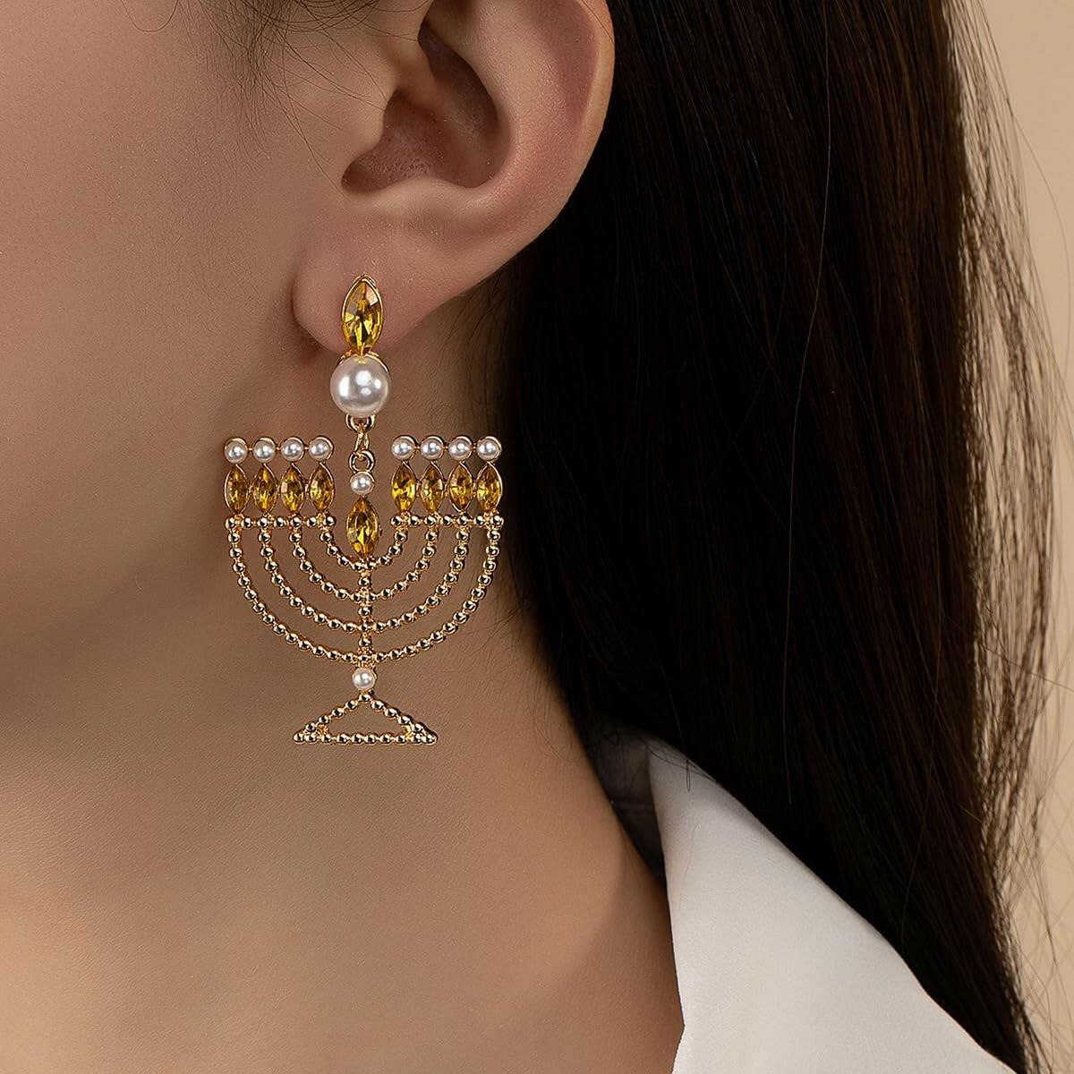 Hanukkah Earrings for Women Pearl Menorah Earrings Stud Jewish Holiday Jewelry