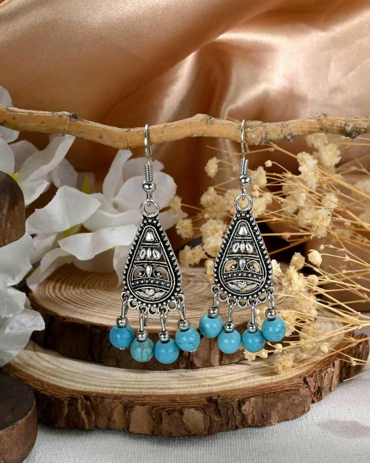 Watforsh Boho Silver Turquoise Filigree Western Country Earrings Teardrop Drop