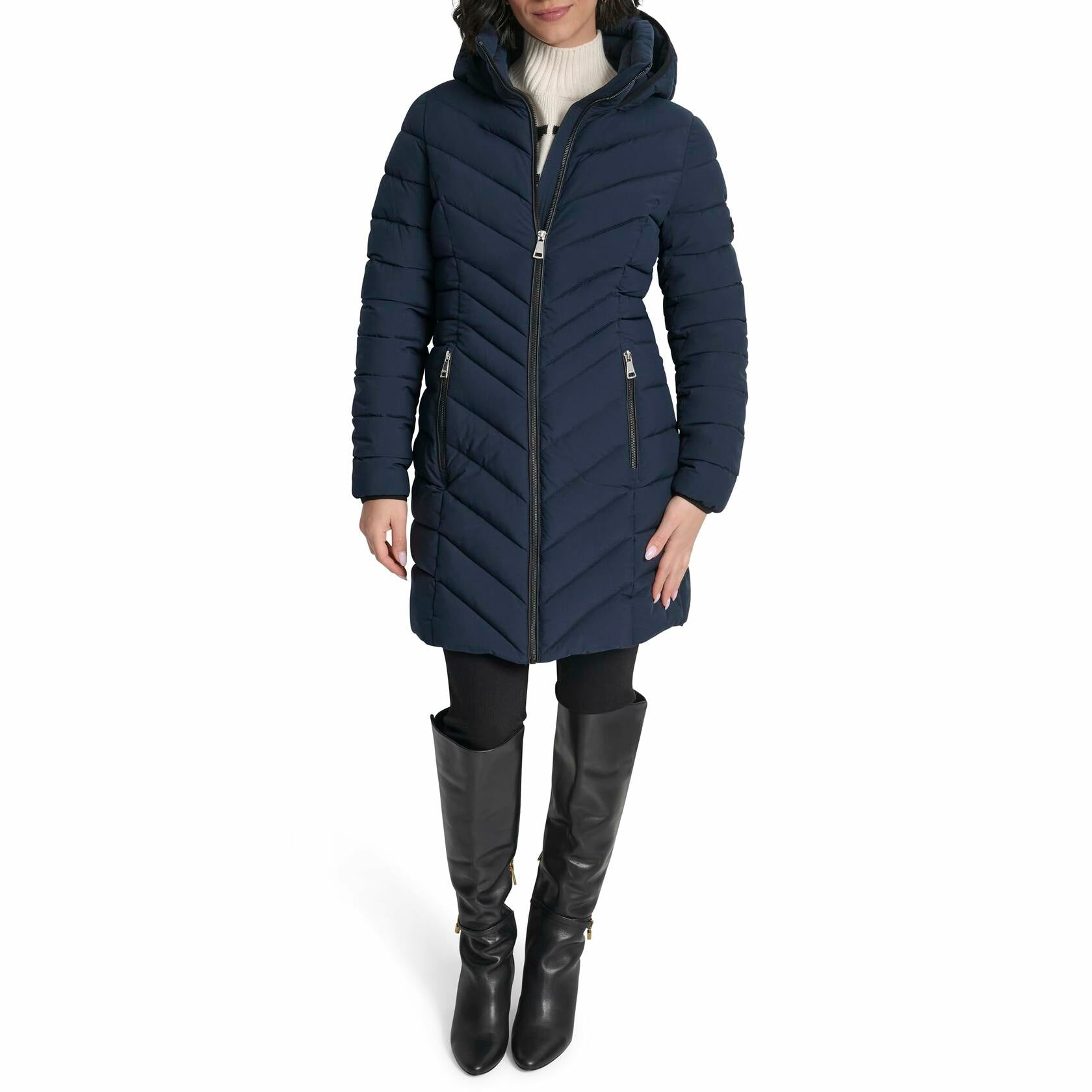 DKNY Women's Women’s Long Lightweight Hooded Puffer Jacket XL Insulated Casual