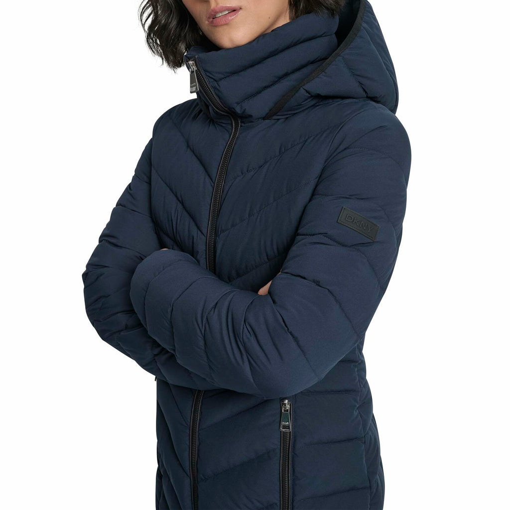 DKNY Women's Women’s Long Lightweight Hooded Puffer Jacket XL Insulated Casual