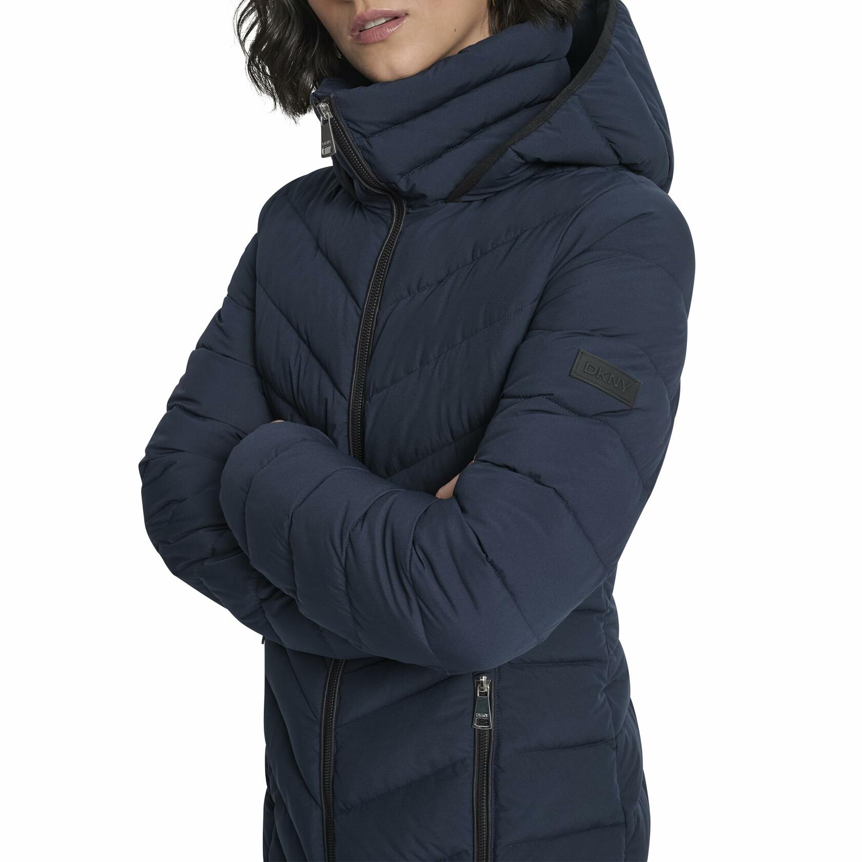 DKNY Women's Women’s Long Lightweight Hooded Puffer Jacket XL Insulated Casual