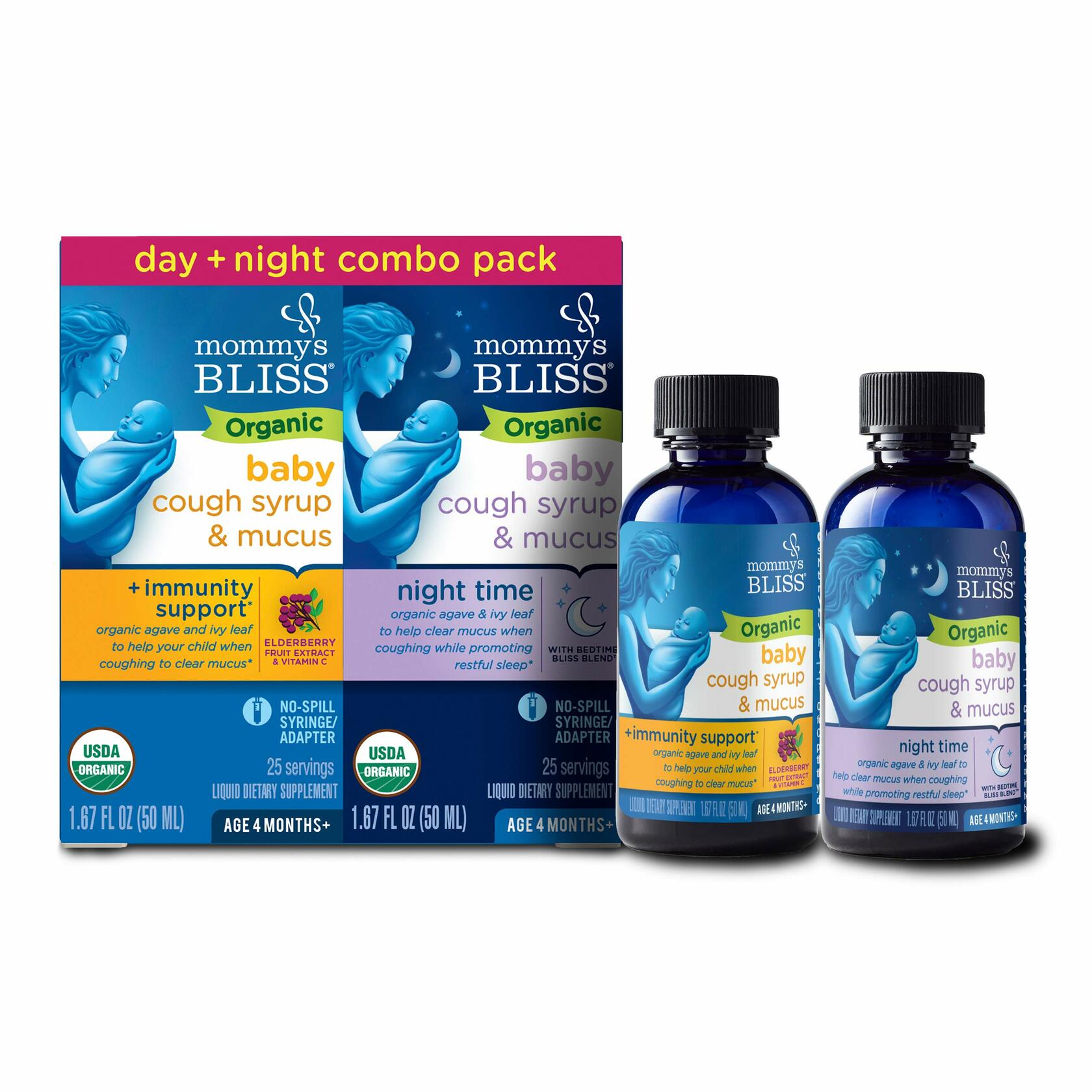 Pack of 2 Mommy's Bliss Organic Baby Cough Syrup & Mucus Relief, Day and Night