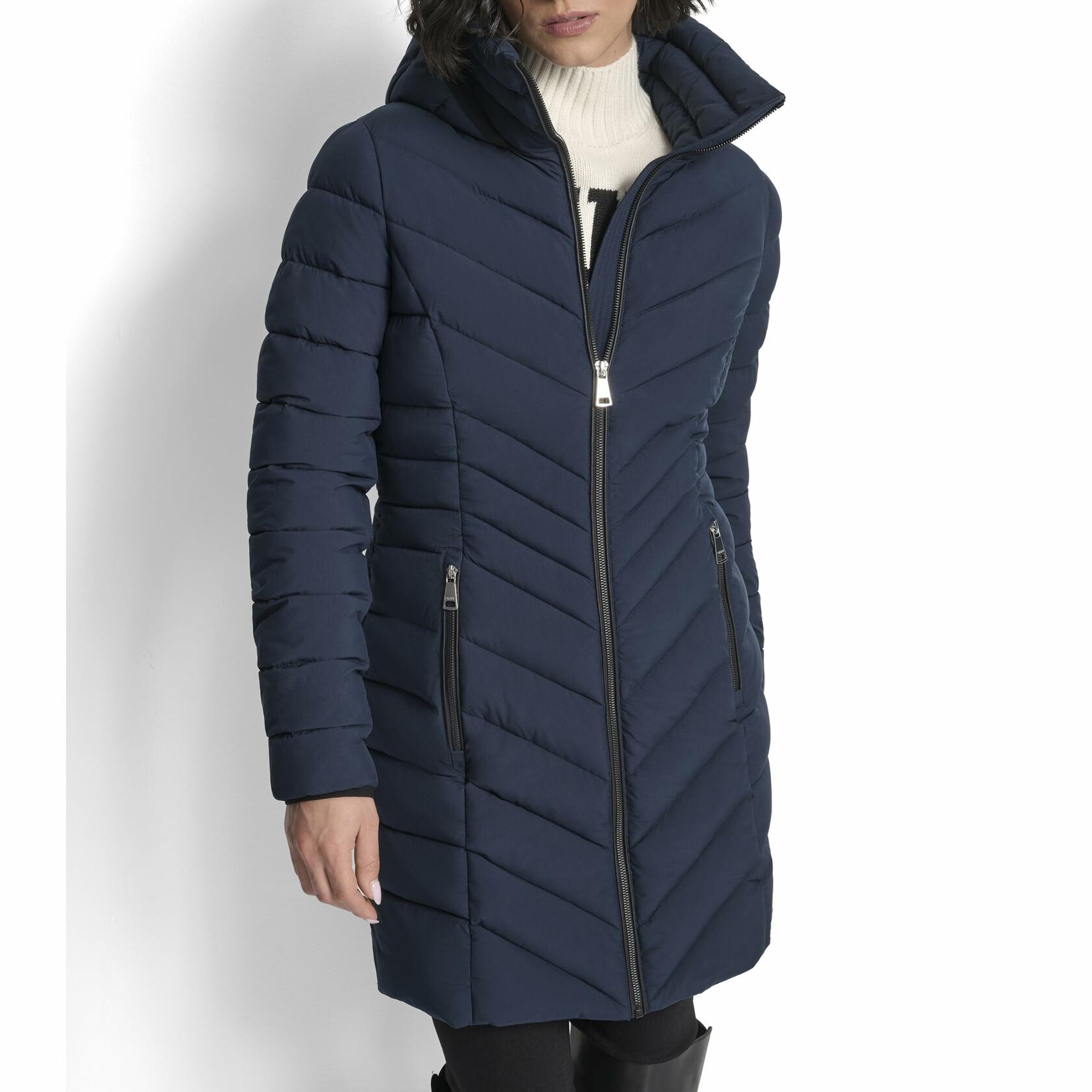 DKNY Women's Women’s Long Lightweight Hooded Puffer Jacket XL Insulated Casual