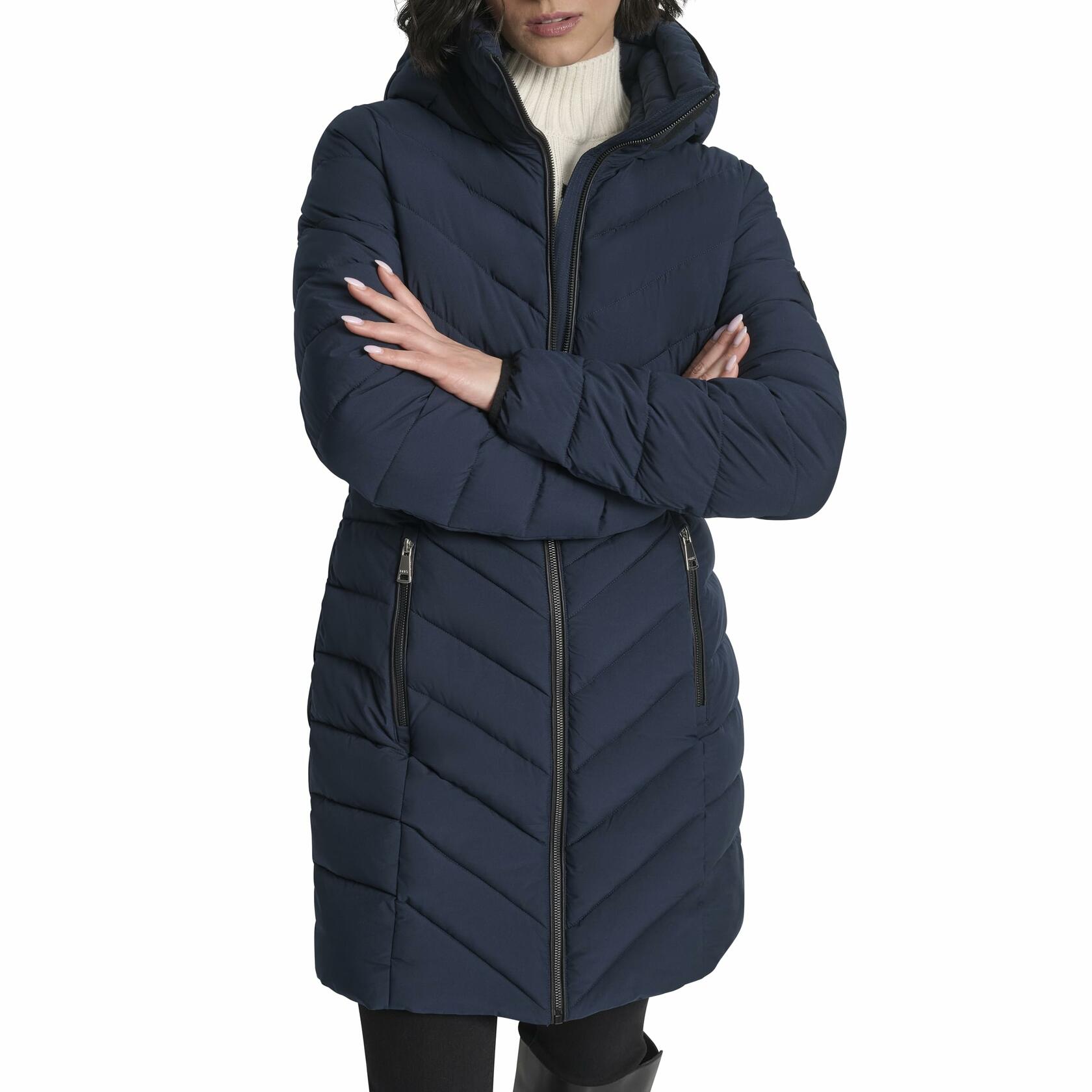 DKNY Women's Women’s Long Lightweight Hooded Puffer Jacket XL Insulated Casual