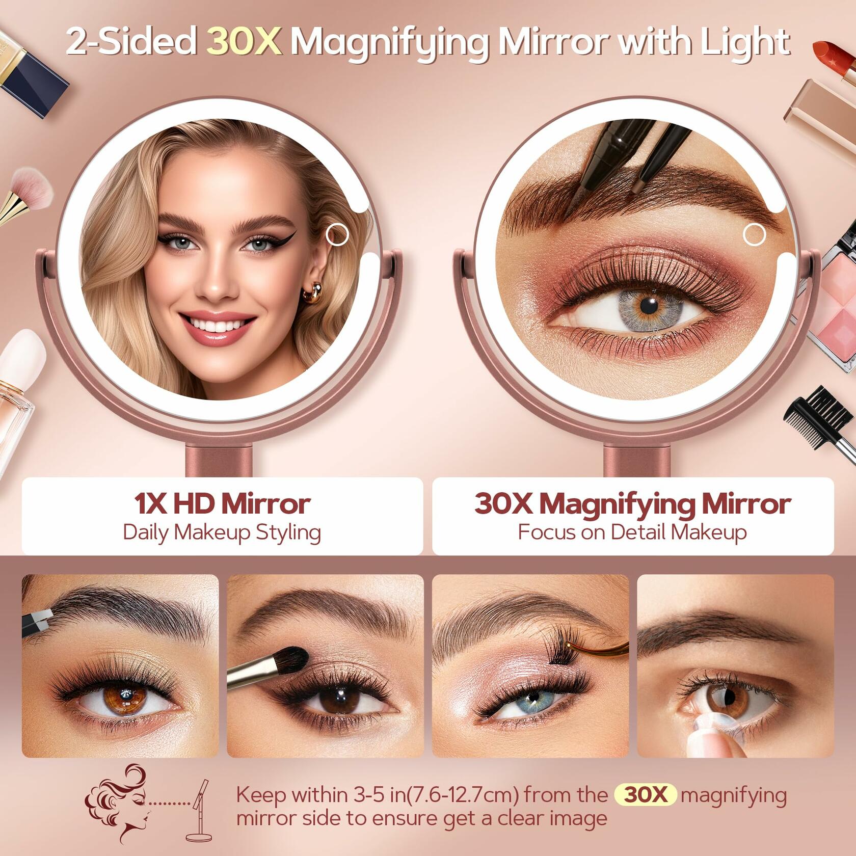 B Beauty Planet Makeup Mirror with Lights, Lighted Magnifying Mirror 30X with 3