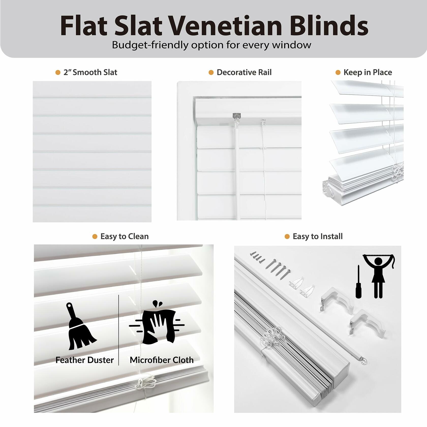 DEZ FURNISHINGS 2" Cordless Flat Slat Venetian Blind, 25.5" W x 48" H, White