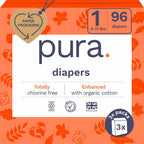 96 Count Pura Hypoallergenic Diapers, Size 1 (4-11lbs), Newborn, Totally