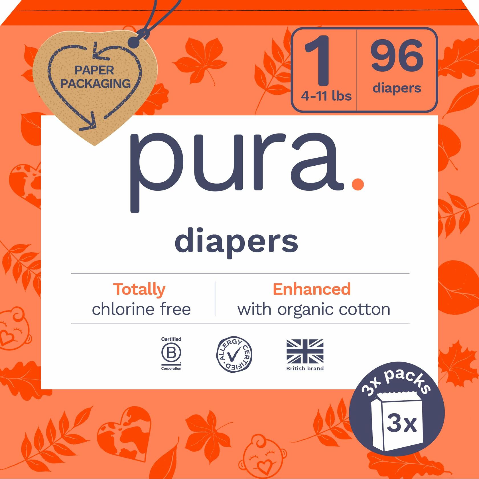 96 Count Pura Hypoallergenic Diapers, Size 1 (4-11lbs), Newborn, Totally