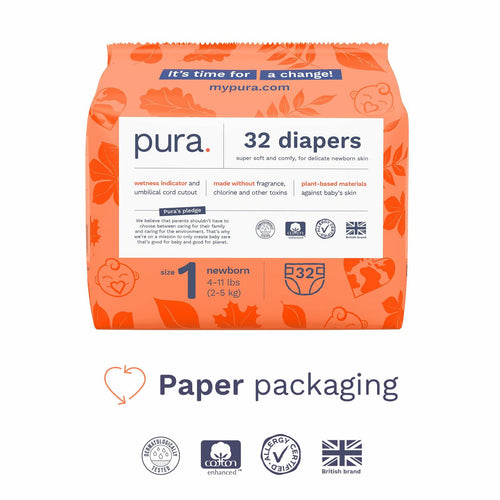96 Count Pura Hypoallergenic Diapers, Size 1 (4-11lbs), Newborn, Totally