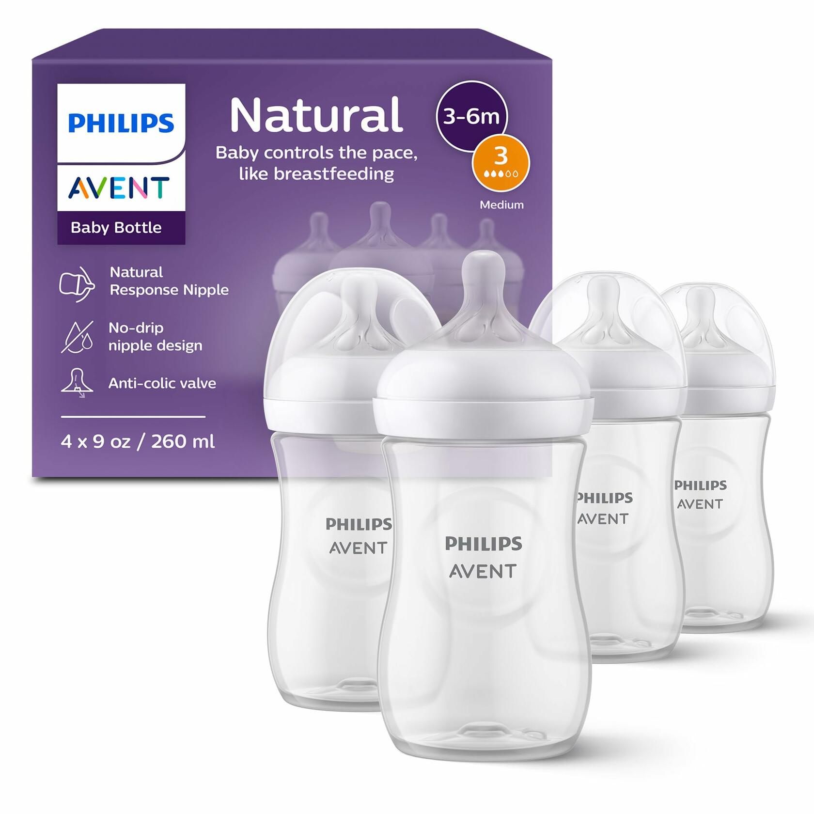 4 Pack Philips Avent Natural Baby Bottles with Natural Response Nipples (Medium