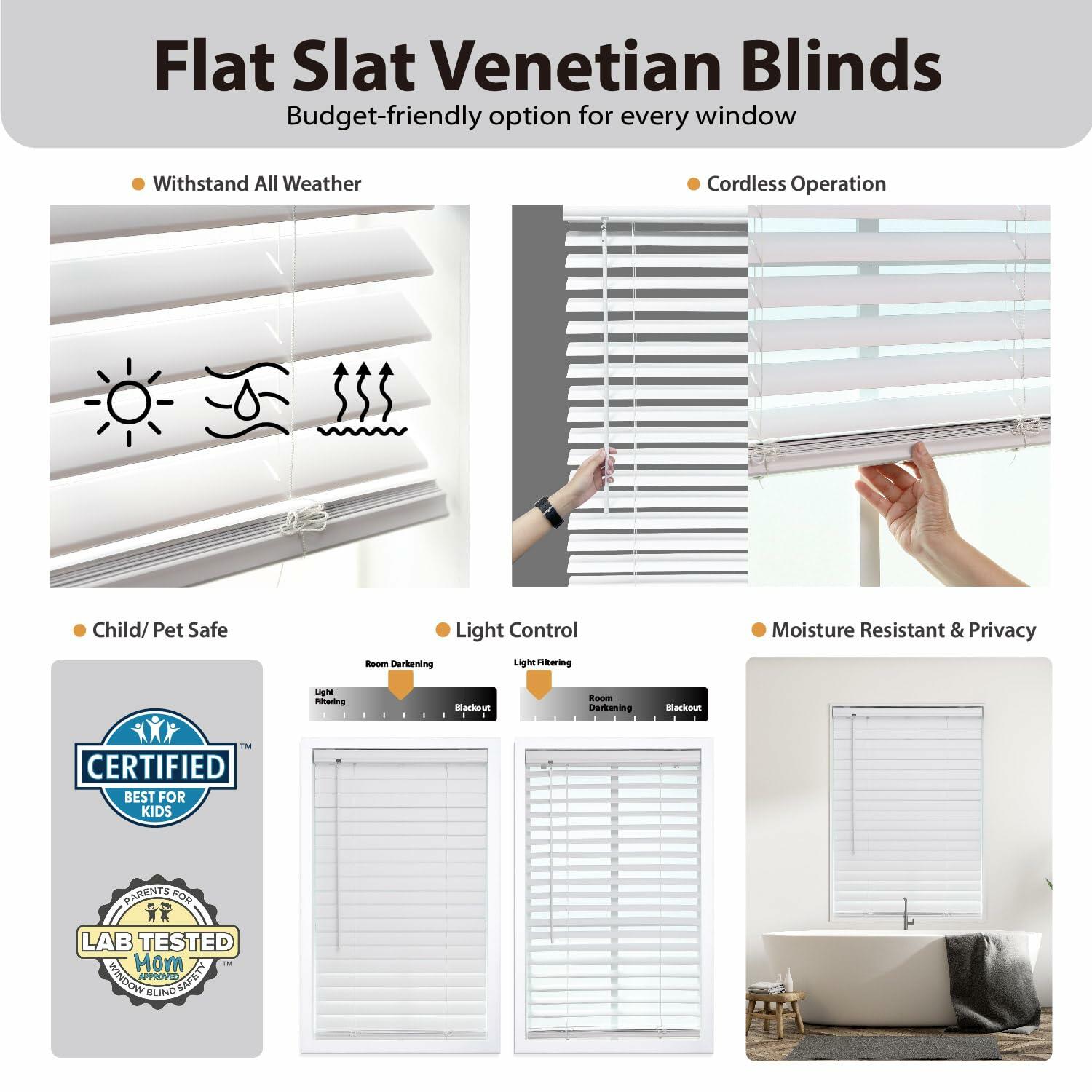 DEZ FURNISHINGS 2" Cordless Flat Slat Venetian Blind, 25.5" W x 48" H, White